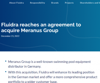 泳池巨頭Fluidra2.2億收購德國(guó)泳池分銷龍頭Meranus