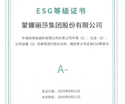 蒙娜麗莎集團獲中誠信綠金國際ESG評級處于較高水平